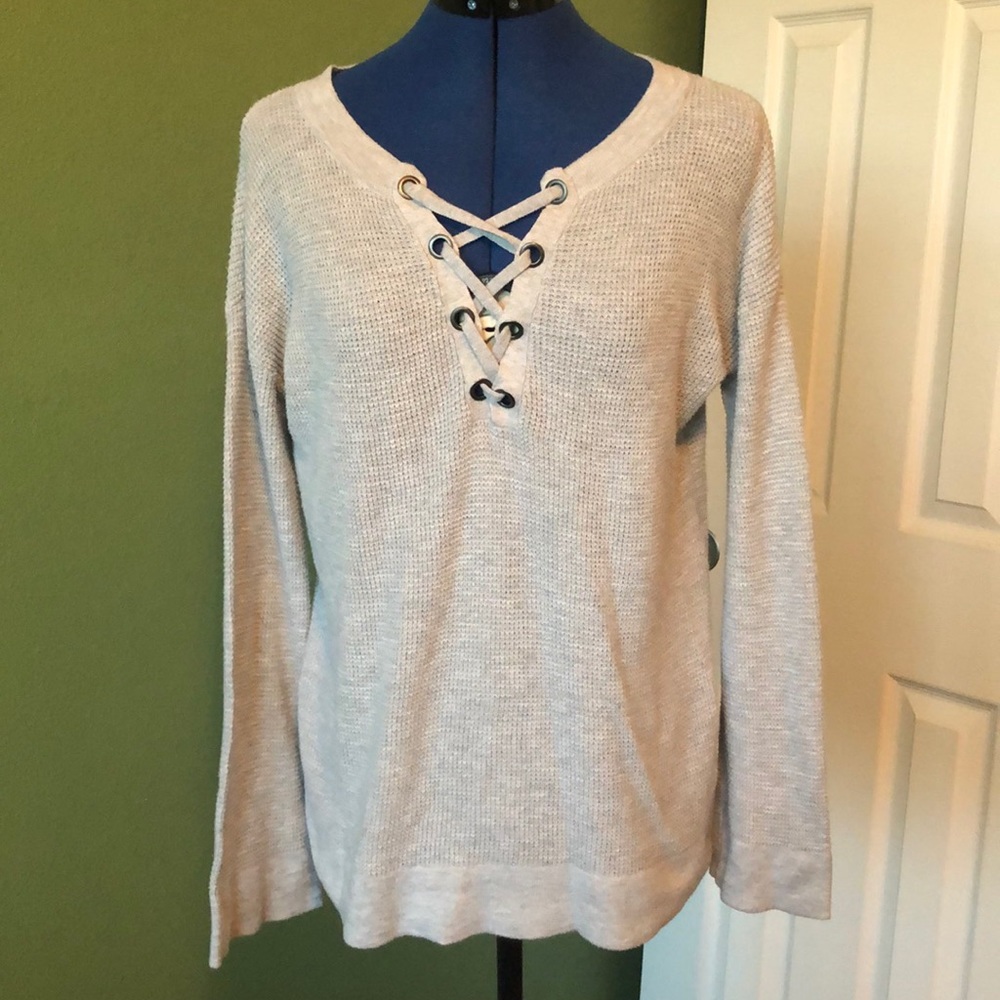 AE Light Grey waffle knit lace-up sweater